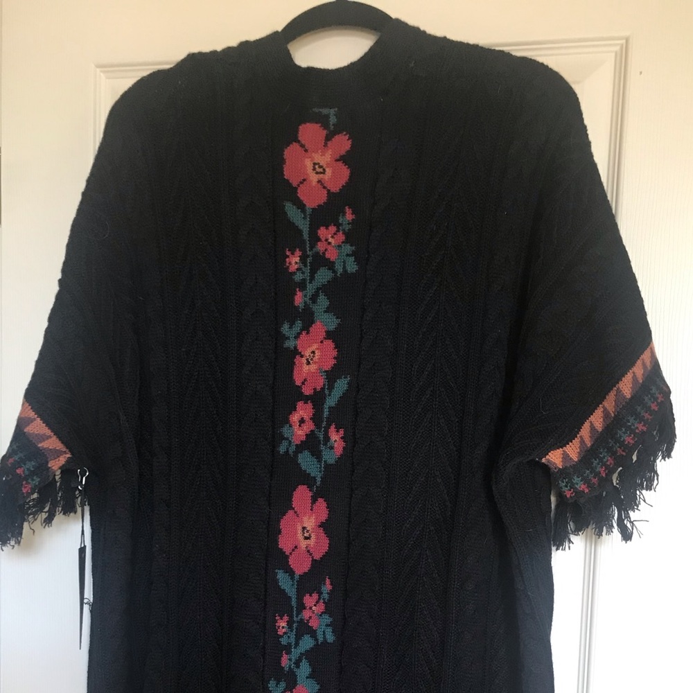 Black Cardigan Sweater with floral & fringe detail